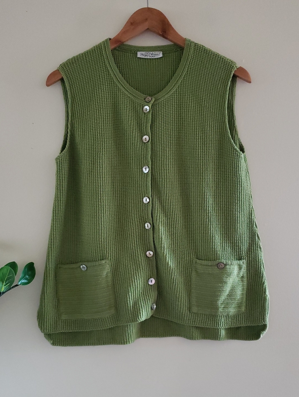 Vintage Margaret Winters Waffle Knit Cotton Button Front Vest - USA - S